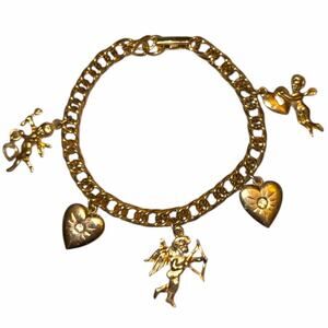 Cherub Crystal Rhinestone Heart Charm Gold Tone Bracelet